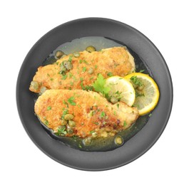 Delicious chicken piccata with herbs isolated on white, top view