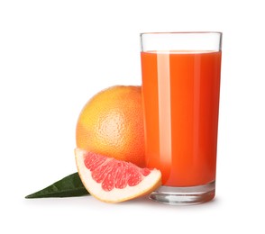 Photo of Tasty grapefruit juice in glass, fresh fruits and green leaf isolated on white