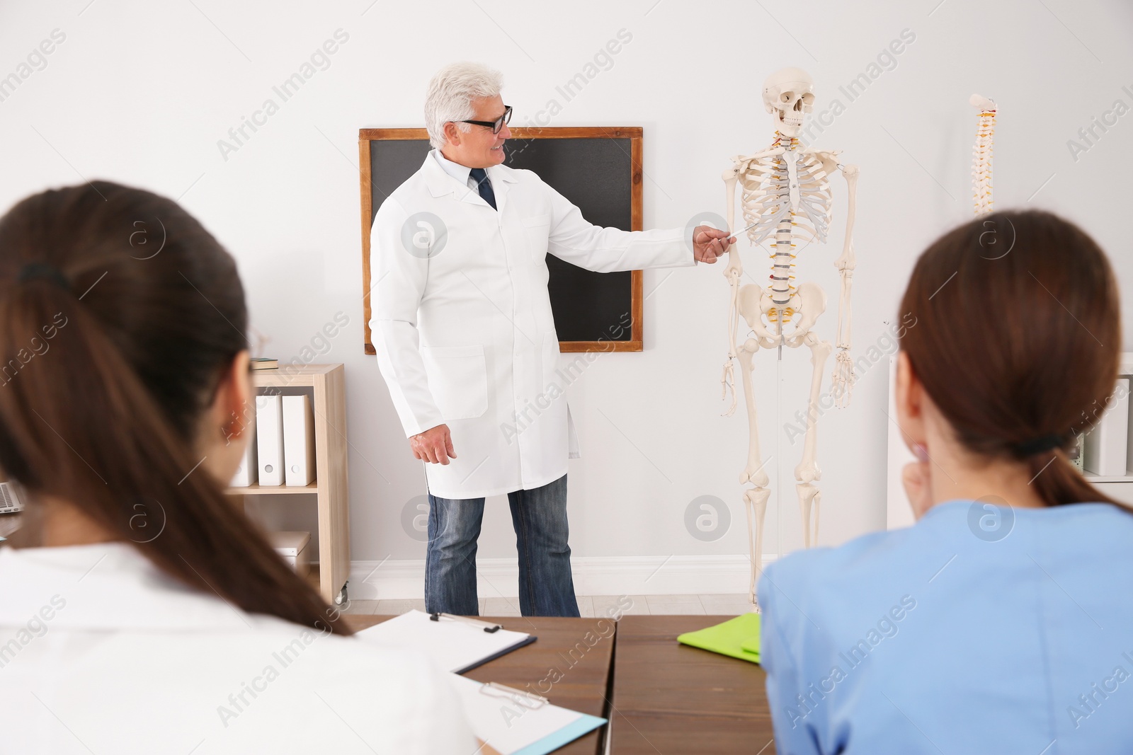 Photo of Medical students and professor studying human skeleton anatomy in classroom