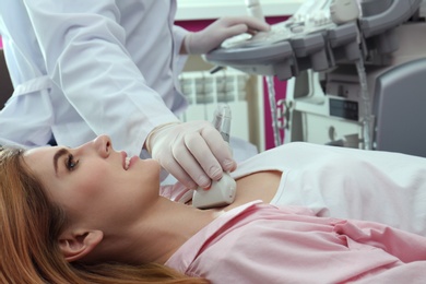 Photo of Doctor conducting ultrasound examination of thyroid gland in clinic