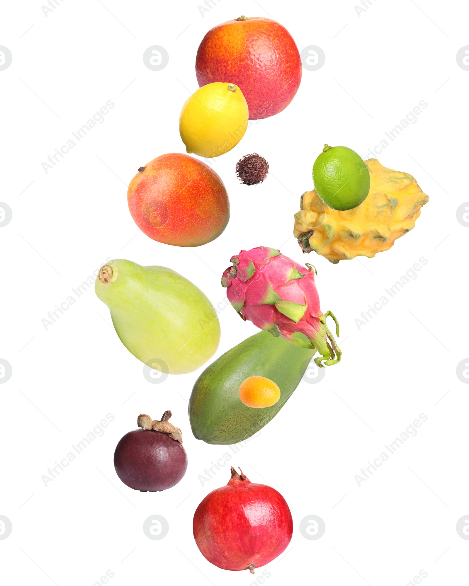 Image of Different tasty exotic fruits flying on white background