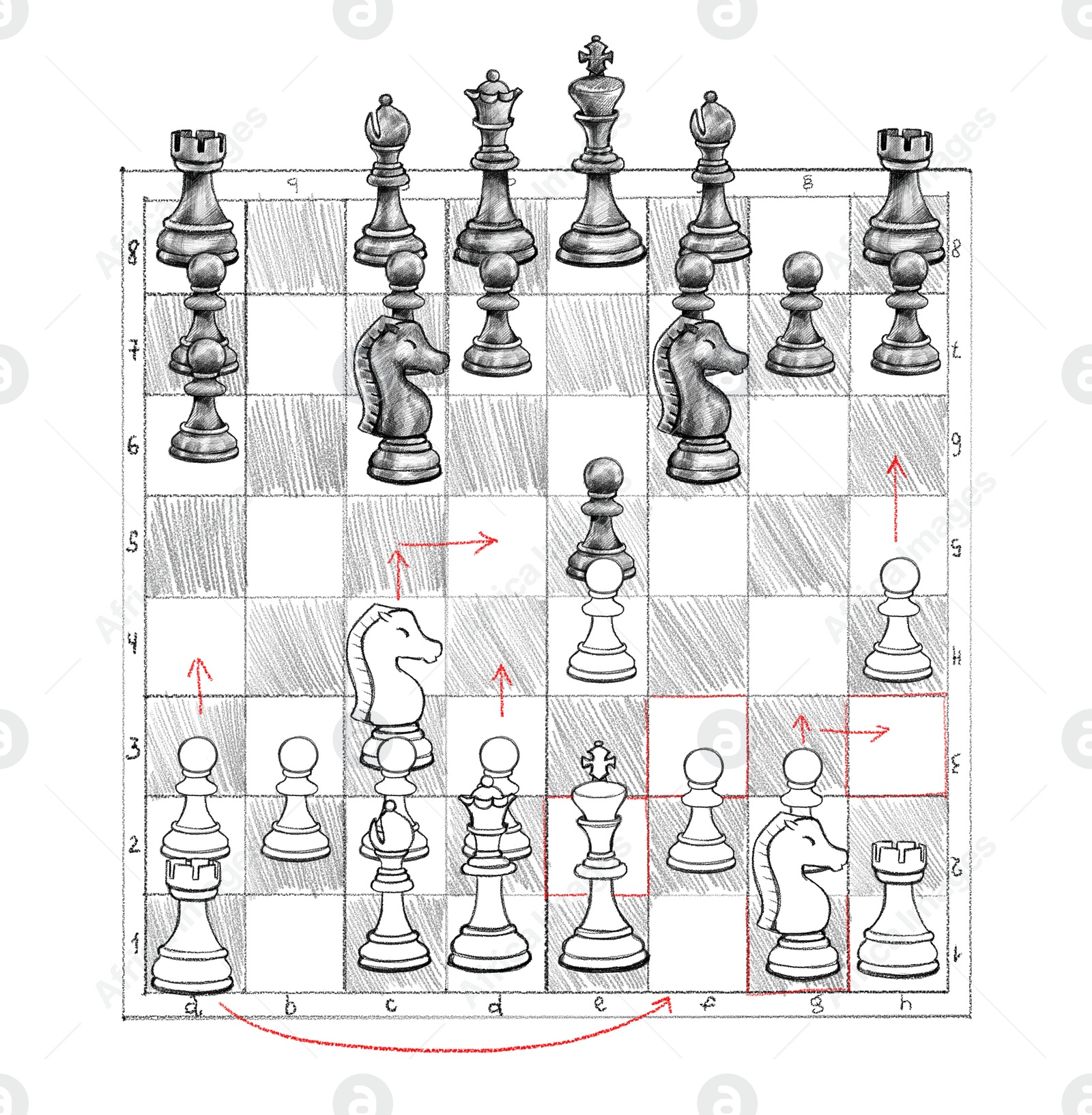 Illustration of  board with chess pieces. Strategy for winning