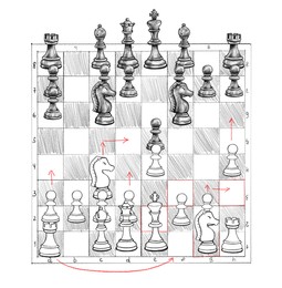 Illustration of Illustration of board with chess pieces. Strategy for winning