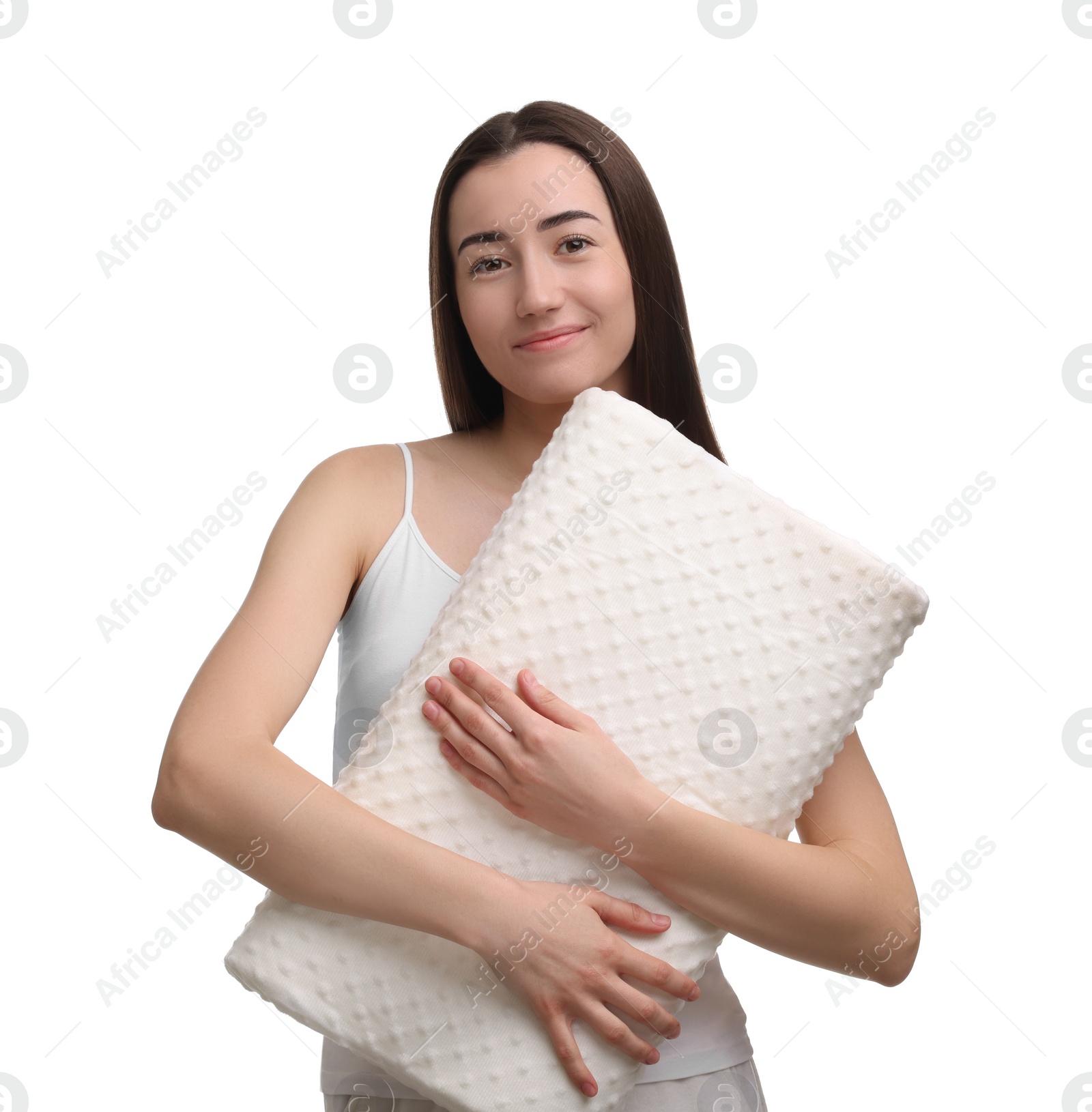 Photo of Woman with orthopedic pillow on white background