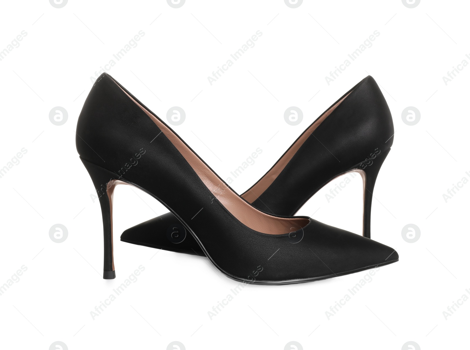 Photo of Pair of elegant black high heel shoes on white background