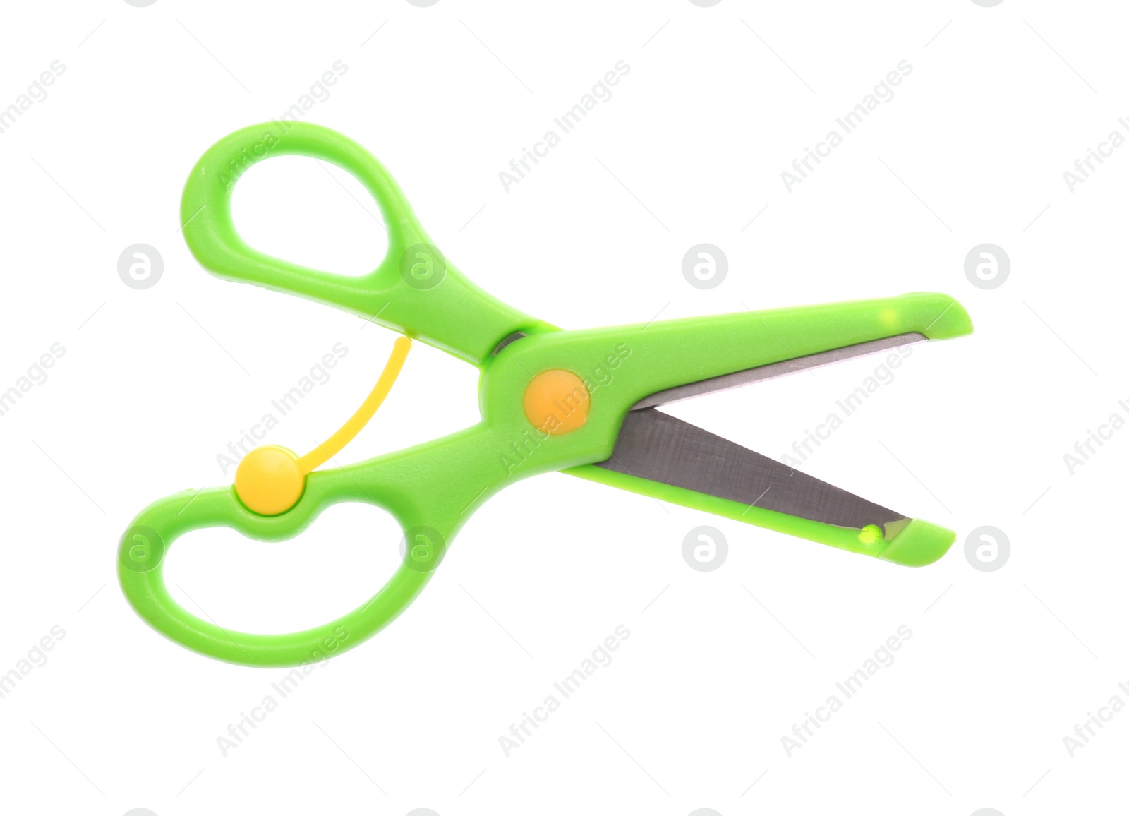 Photo of Kid's color scissors isolated on white, top view