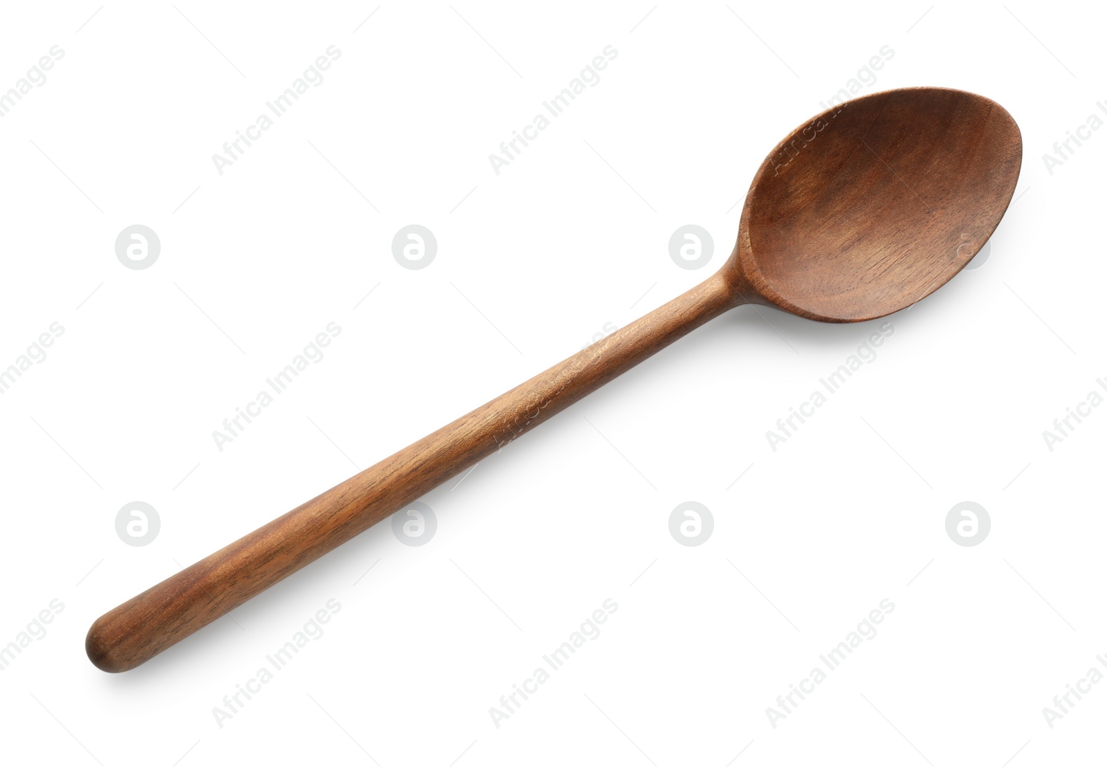 Photo of One empty wooden spoon isolated on white, top view