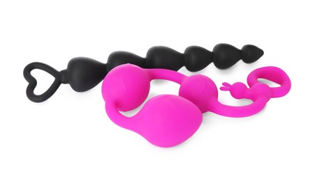 Photo of Anal balls and beads on white background. Sex toys