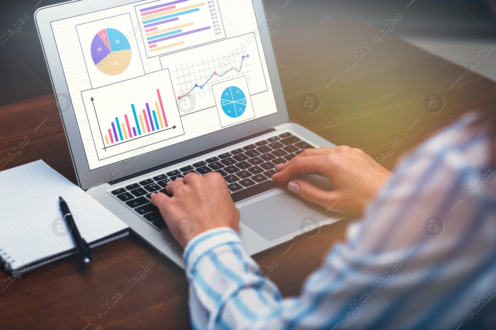 Image of Woman working on modern laptop at table, closeup. Business analytics