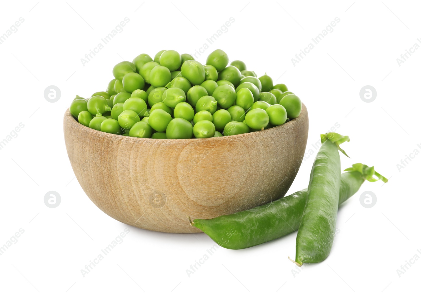 Photo of Fresh raw green peas in wooden bowl on white background