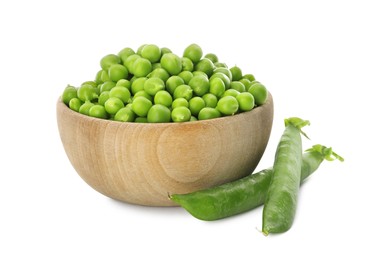 Photo of Fresh raw green peas in wooden bowl on white background