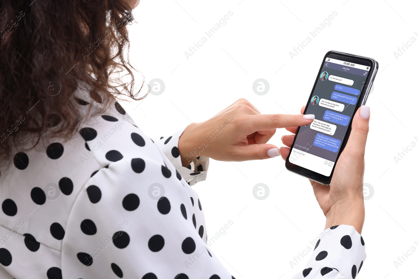 Image of Woman texting with friend using messaging application on smartphone against white background, closeup
