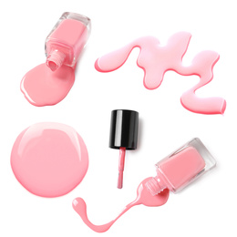 Image of Collage of pink nail polish on white background