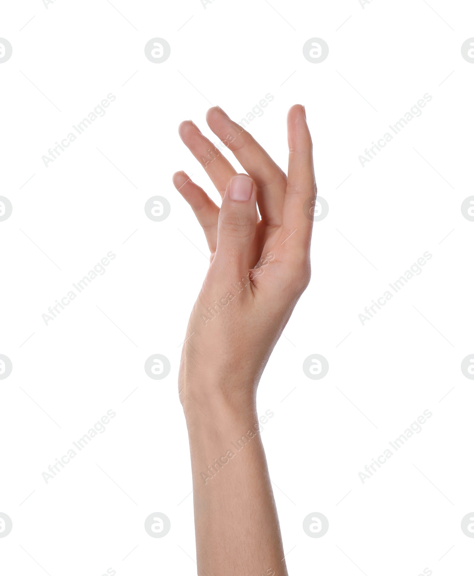 Photo of Woman holding something on white background, closeup of hand