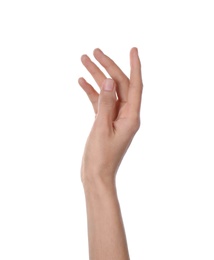 Photo of Woman holding something on white background, closeup of hand