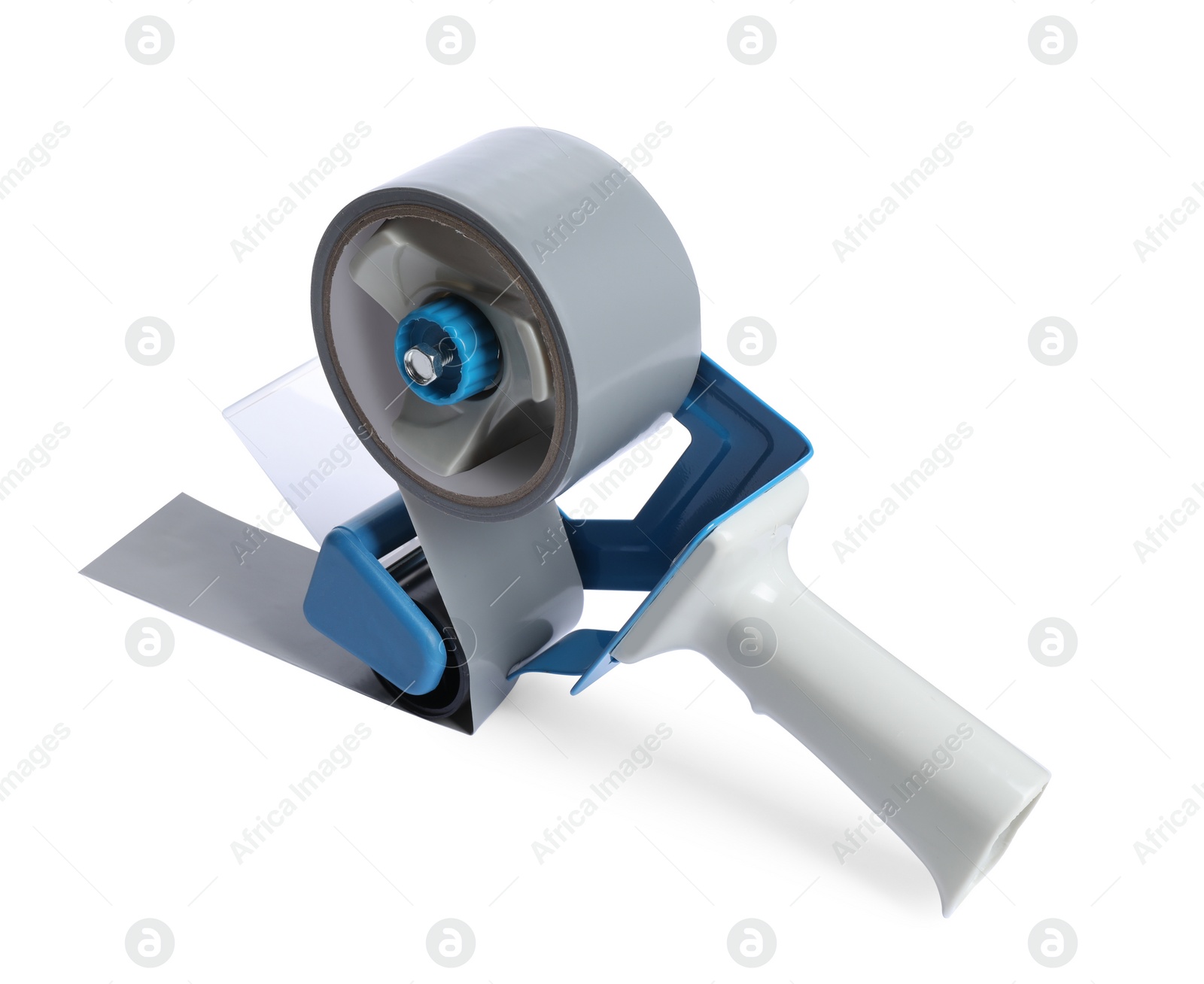 Photo of Handheld dispenser with roll of adhesive tape isolated on white