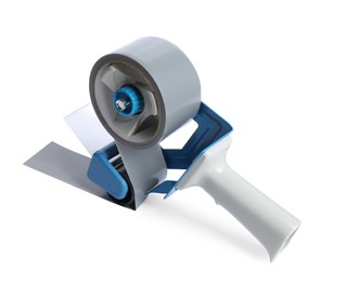 Photo of Handheld dispenser with roll of adhesive tape isolated on white