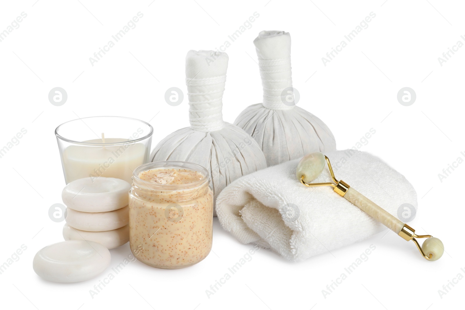 Photo of Beautiful spa composition with different body care products isolated on white