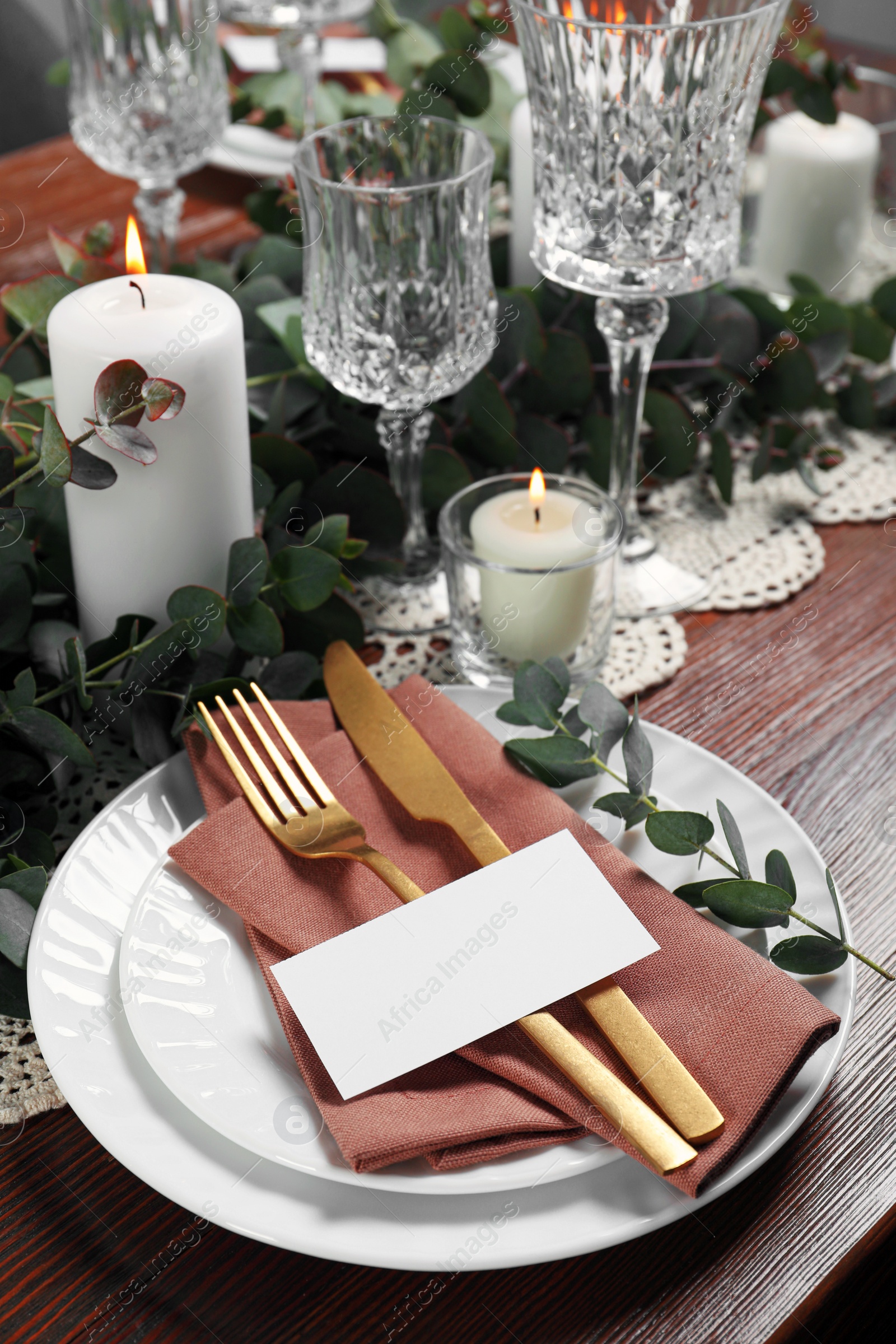 Photo of Luxury table setting with beautiful decor and blank card. Festive dinner