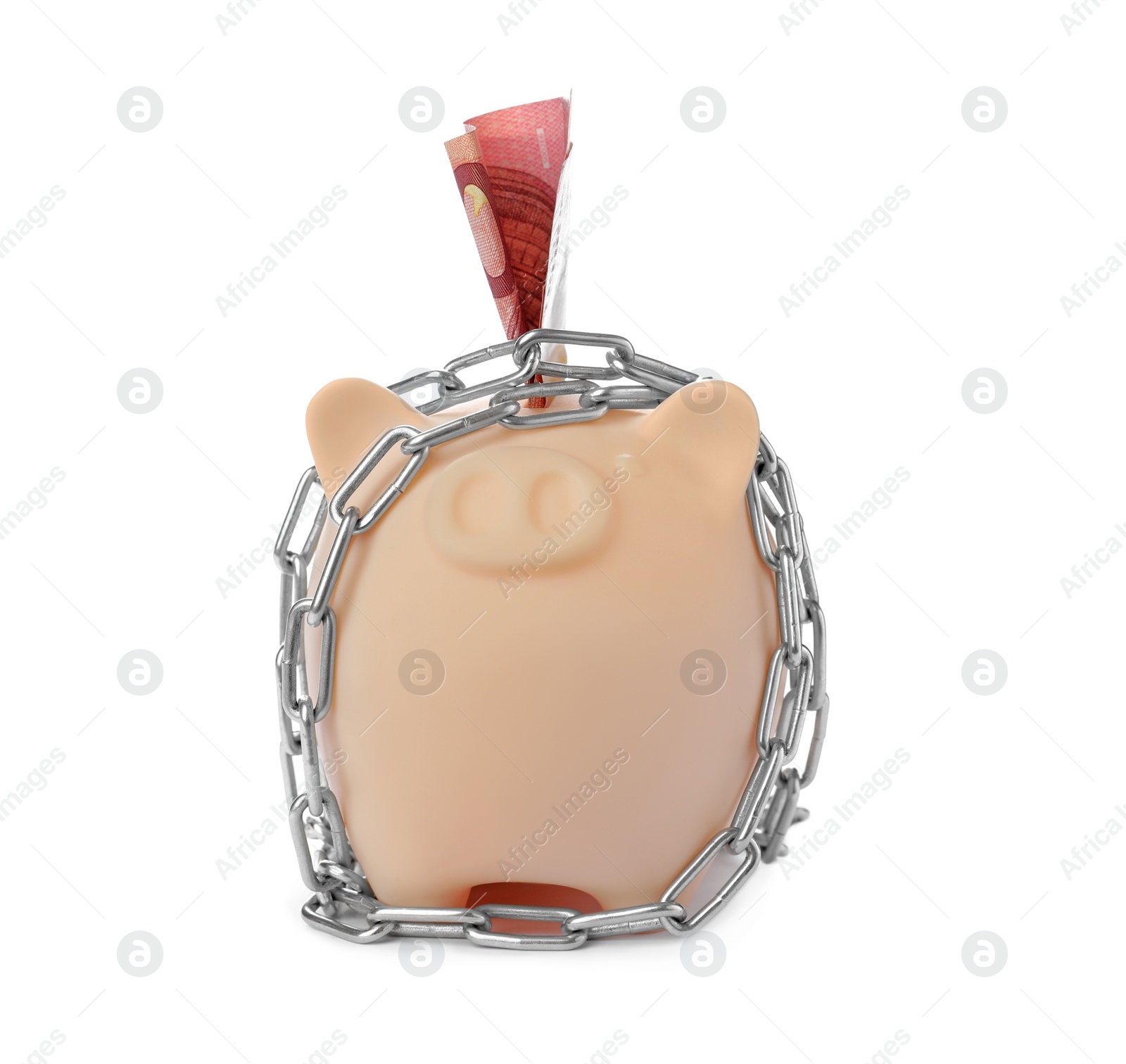 Photo of Piggy bank with steel chain and banknote isolated on white. Money safety concept