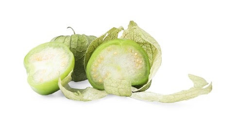 Fresh green tomatillos with husk isolated on white