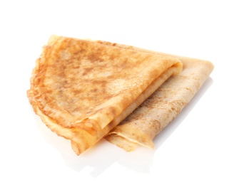 Photo of Tasty thin folded pancakes on white background