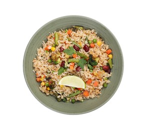 Photo of Tasty fried rice with vegetables isolated on white, top view