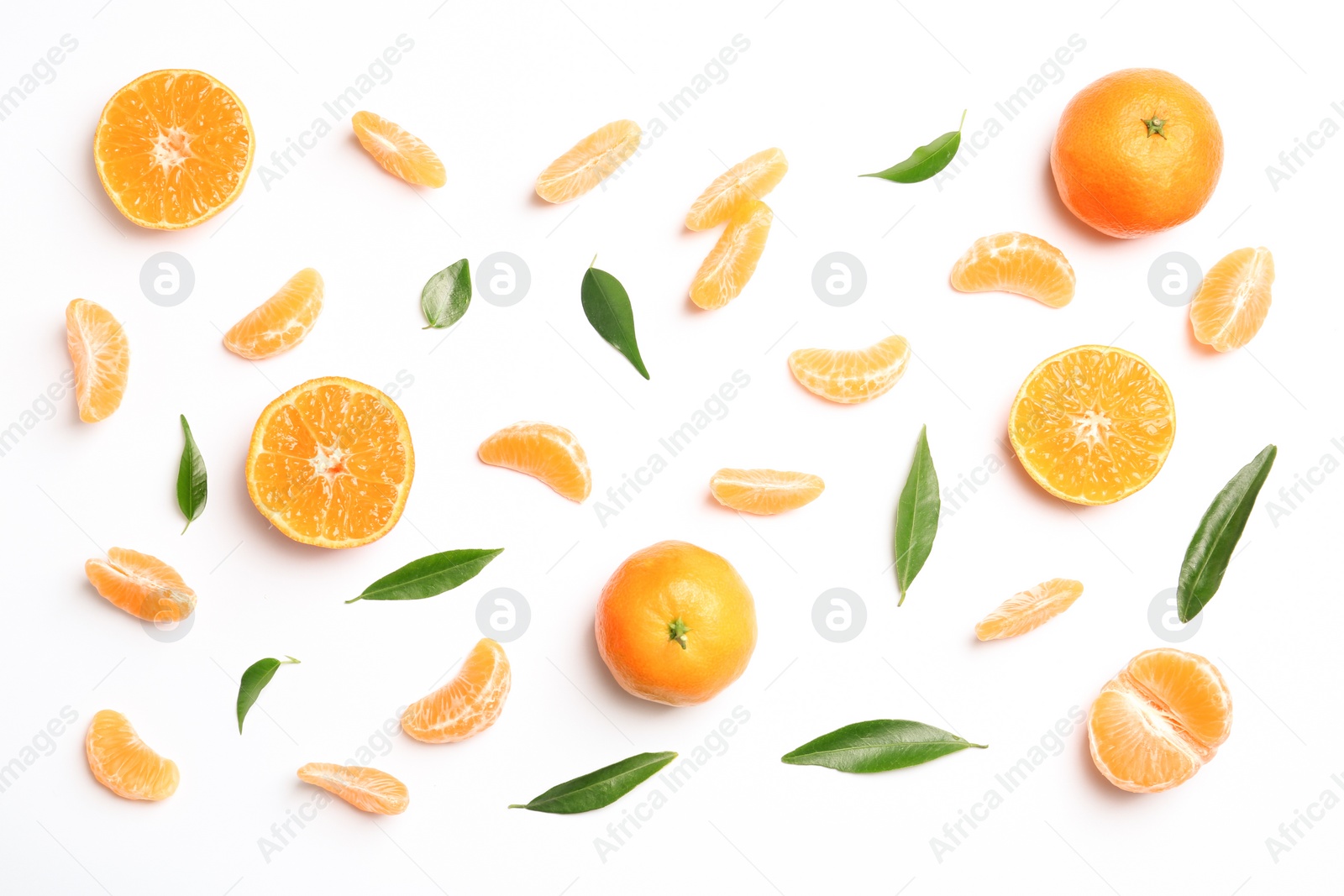 Photo of Composition with tangerines and leaves on white background, top view