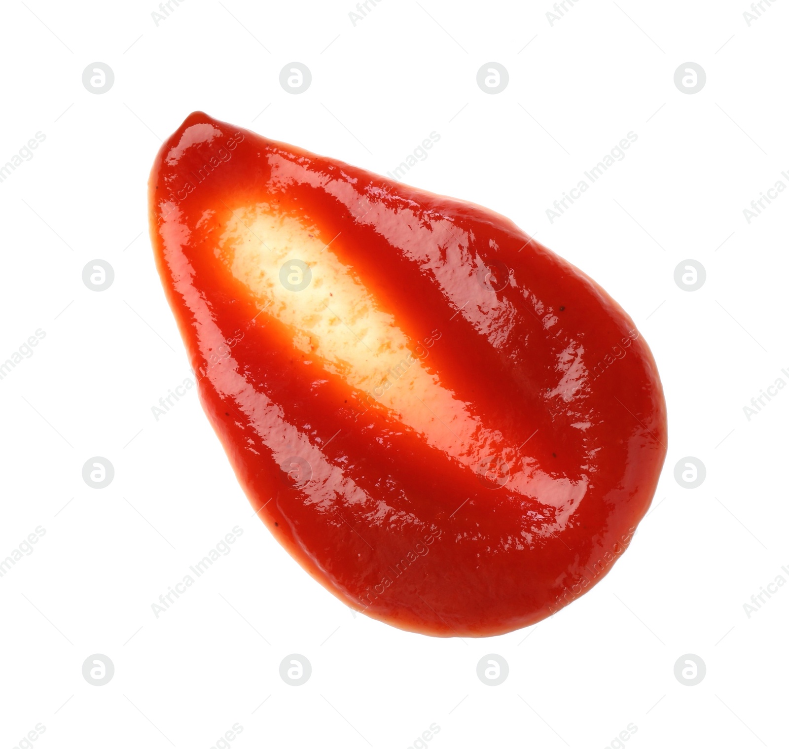 Photo of Tasty ketchup isolated on white, top view. Tomato sauce