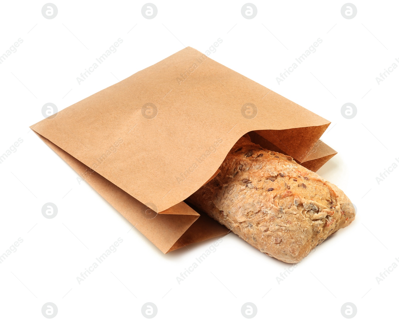 Photo of Paper bag with bread on white background. Space for design