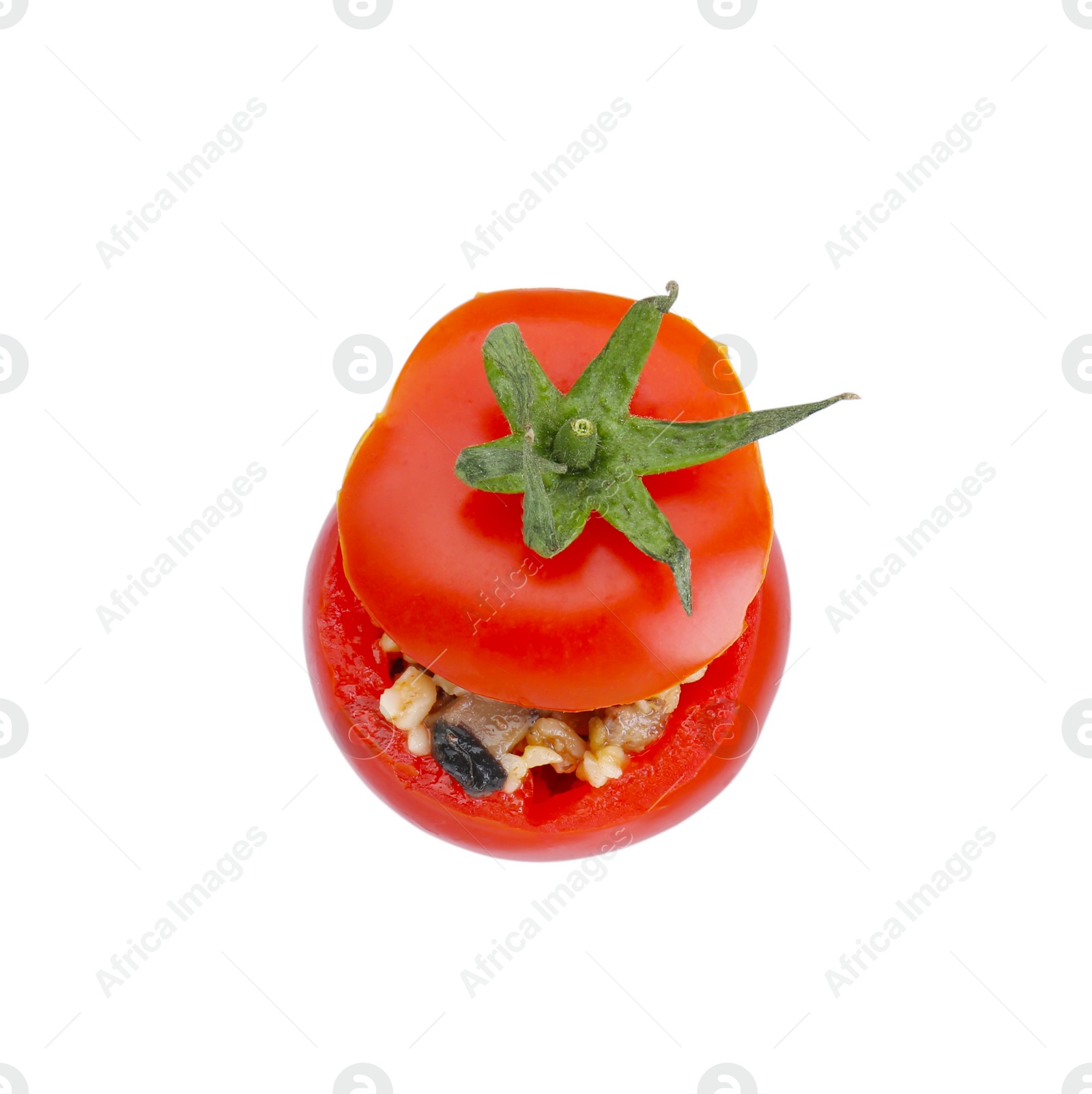 Photo of Delicious stuffed tomato with minced beef, bulgur and mushrooms isolated on white, top view