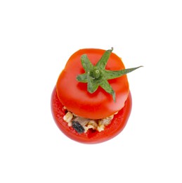 Delicious stuffed tomato with minced beef, bulgur and mushrooms isolated on white, top view