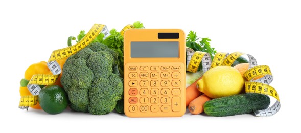 Photo of Calculator, measuring tape and food products on white background. Weight loss concept