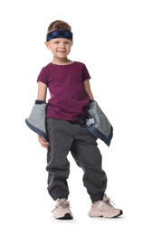 Photo of Happy little boy dancing on white background