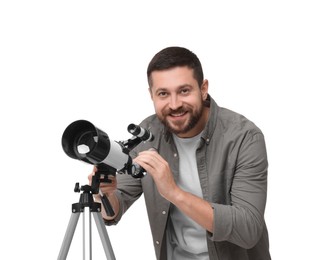 Photo of Happy astronomer with telescope on white background