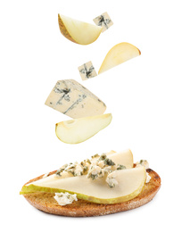 Image of Tasty bruschetta with flying ingredients on white background