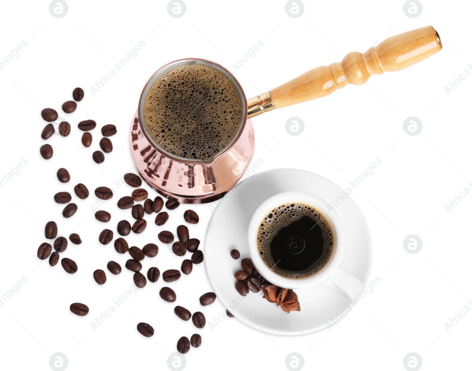 Photo of Turkish coffee. Cezve with hot coffee and beans on white background, top view