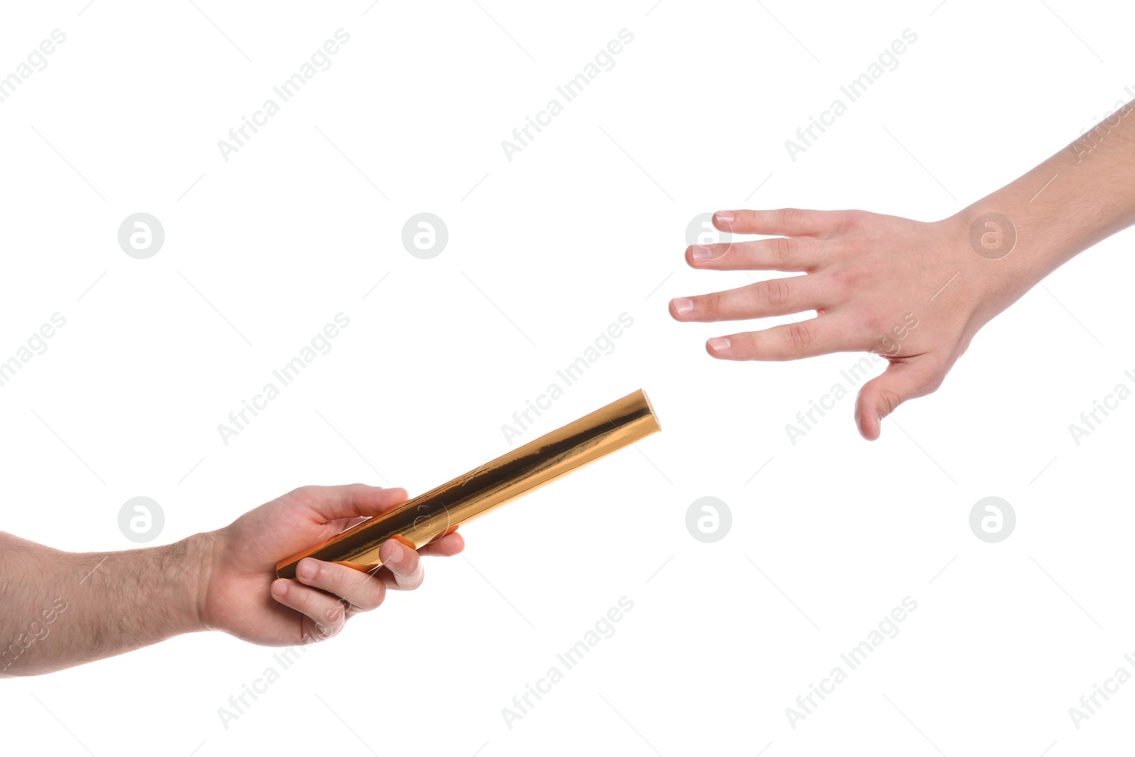 Photo of Man passing baton to woman on white background, closeup