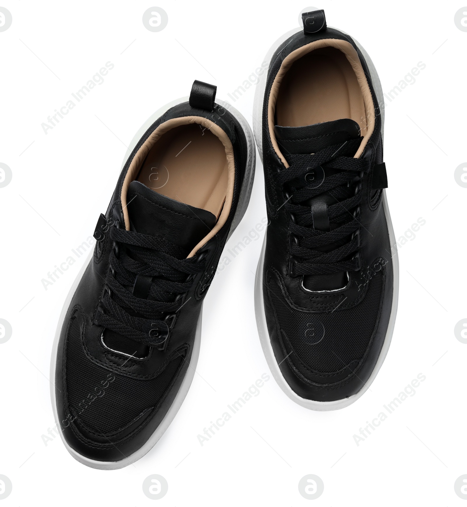 Photo of Pair of stylish shoes on white background, top view