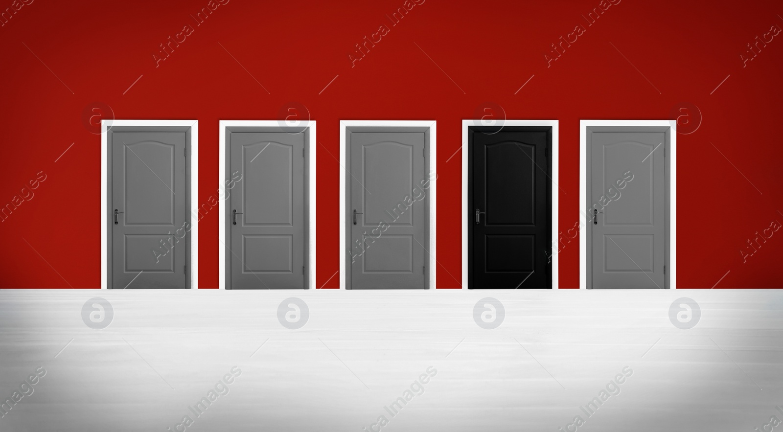 Image of Black door among grey ones in room. Concept of choice