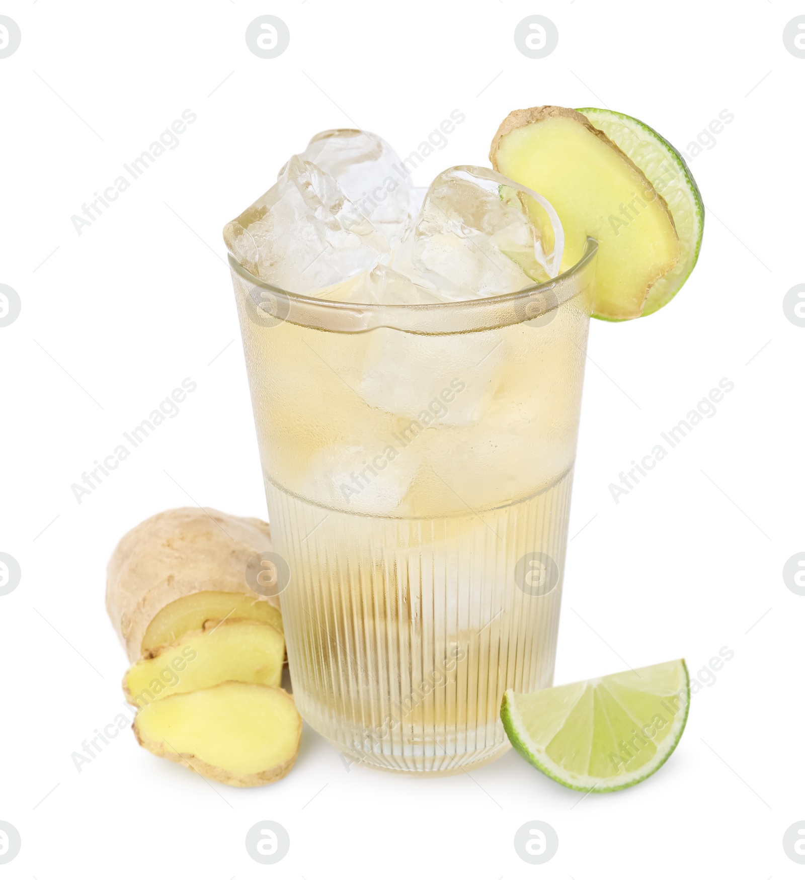 Photo of Glass of tasty ginger ale with ice cubes and ingredients isolated on white