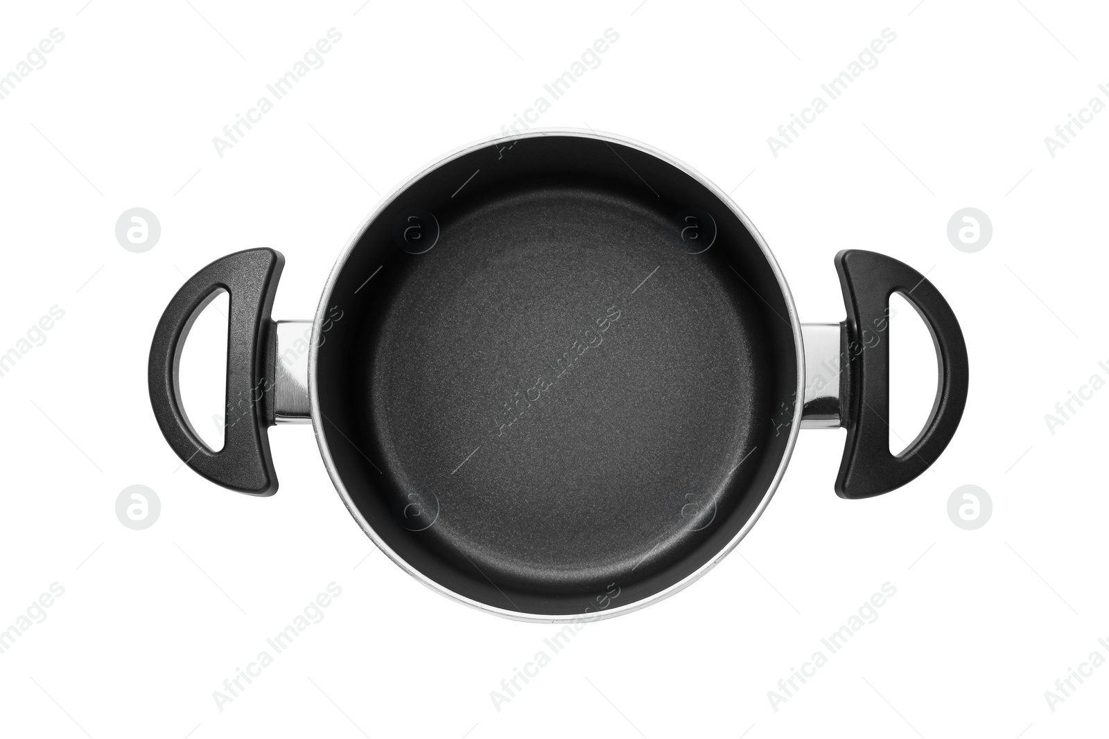 Photo of One steel pot isolated on white, top view