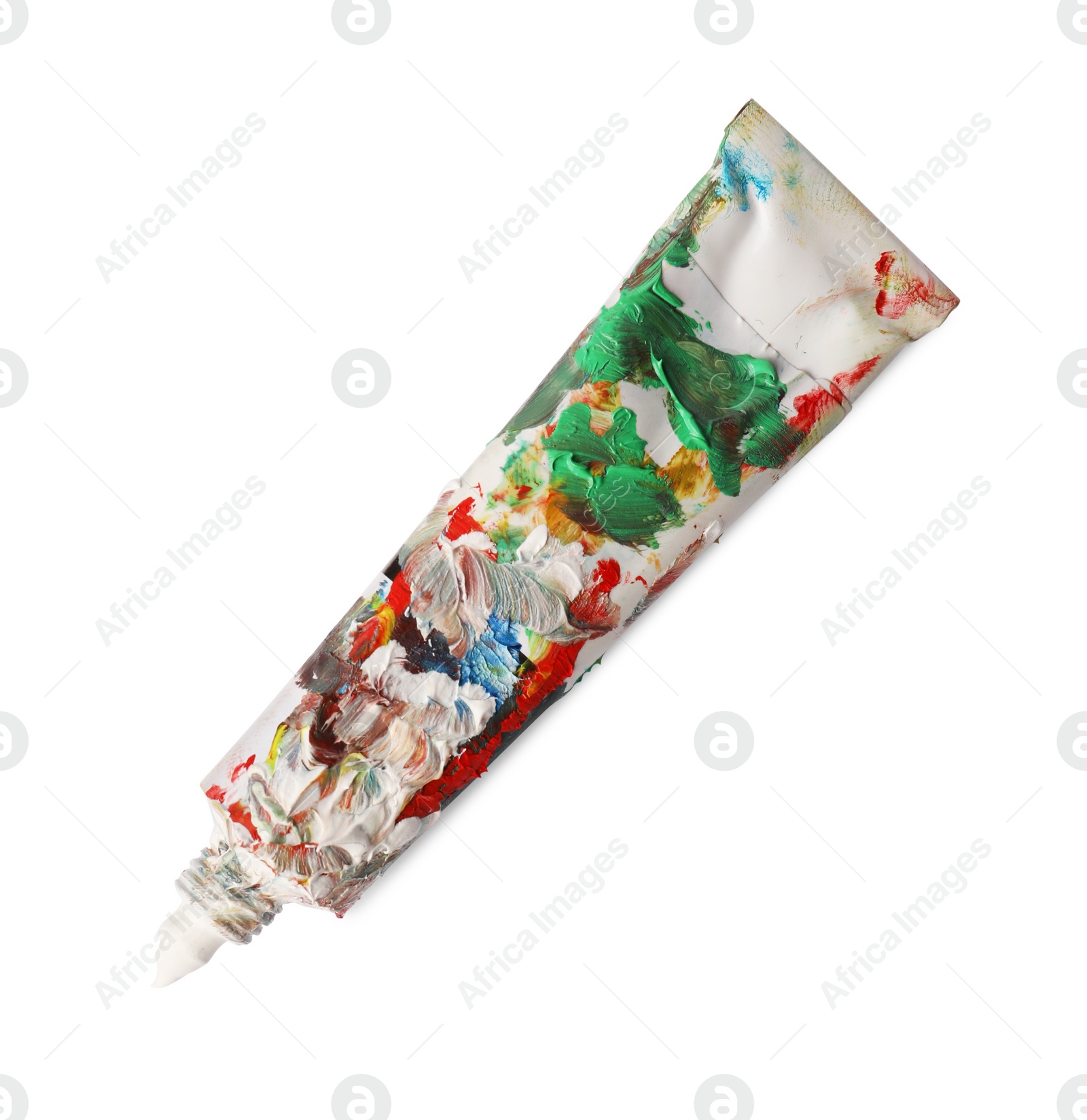 Photo of Tube with oil paint on white background, top view