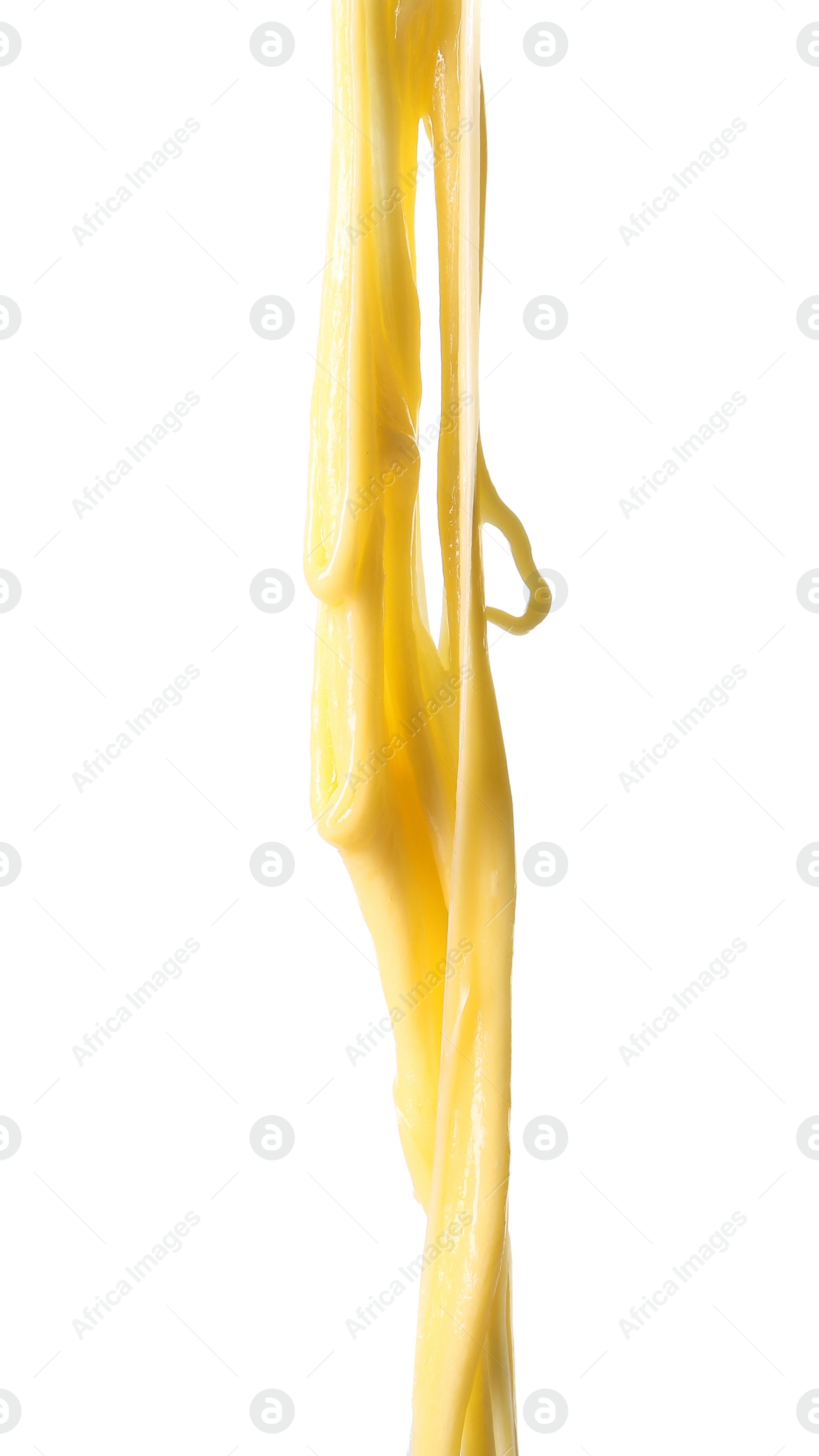 Photo of Stretching delicious melted cheese isolated on white