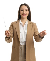 Photo of Music teacher with baton on white background