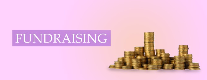 Stacked coins on color background, banner design. Fundraising
