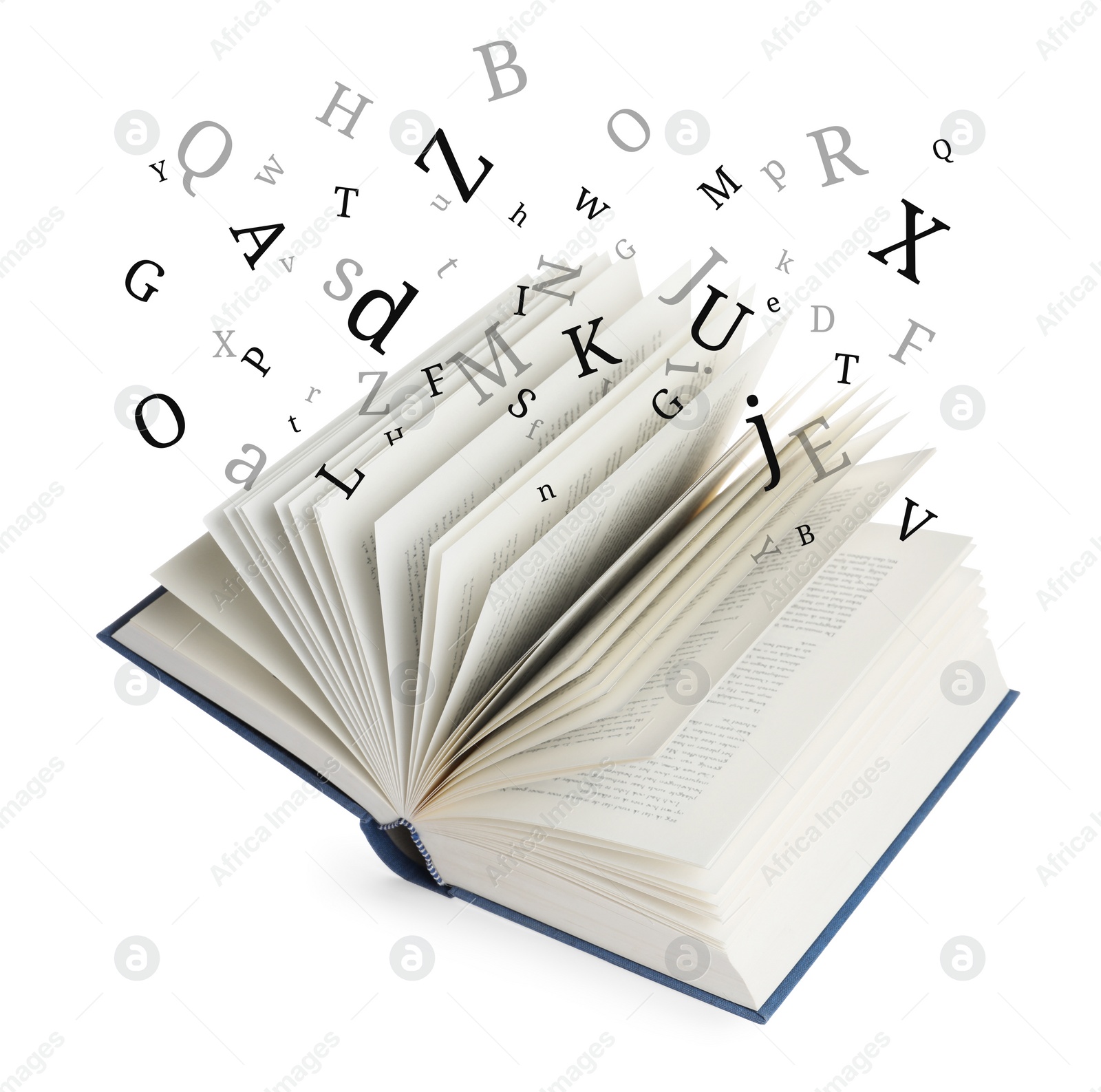 Image of Open book in air with letters flying out of it on white background