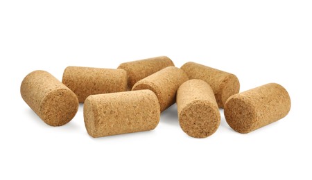 Photo of Pile of wine corks on white background. Bottle cap