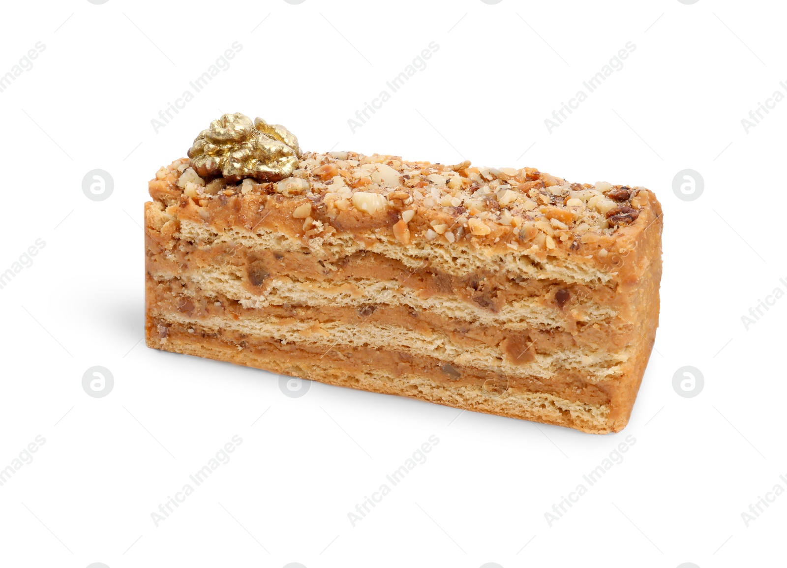 Photo of Piece of delicious layered honey cake isolated on white