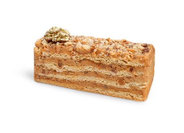 Photo of Piece of delicious layered honey cake isolated on white